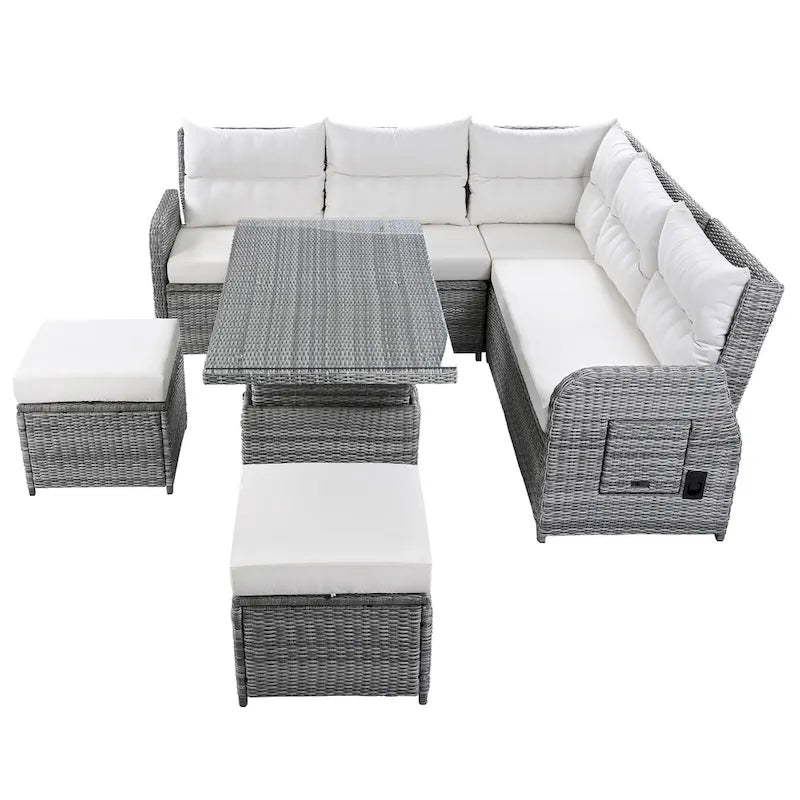 Ensemble de canapé d'angle en rotin pour terrasse avec table à hauteur réglable, 2 fauteuils inclinables et tables d'appoint extensibles.