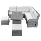 Ensemble de canapé d'angle en rotin pour terrasse avec table à hauteur réglable, 2 fauteuils inclinables et tables d'appoint extensibles.