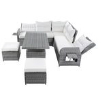Ensemble de canapé d'angle en rotin pour terrasse avec table à hauteur réglable, 2 fauteuils inclinables et tables d'appoint extensibles.