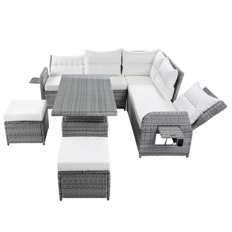 Ensemble de canapé d'angle en rotin pour terrasse avec table à hauteur réglable, 2 fauteuils inclinables et tables d'appoint extensibles.