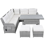 Ensemble de canapé d'angle en rotin pour terrasse avec table à hauteur réglable, 2 fauteuils inclinables et tables d'appoint extensibles.