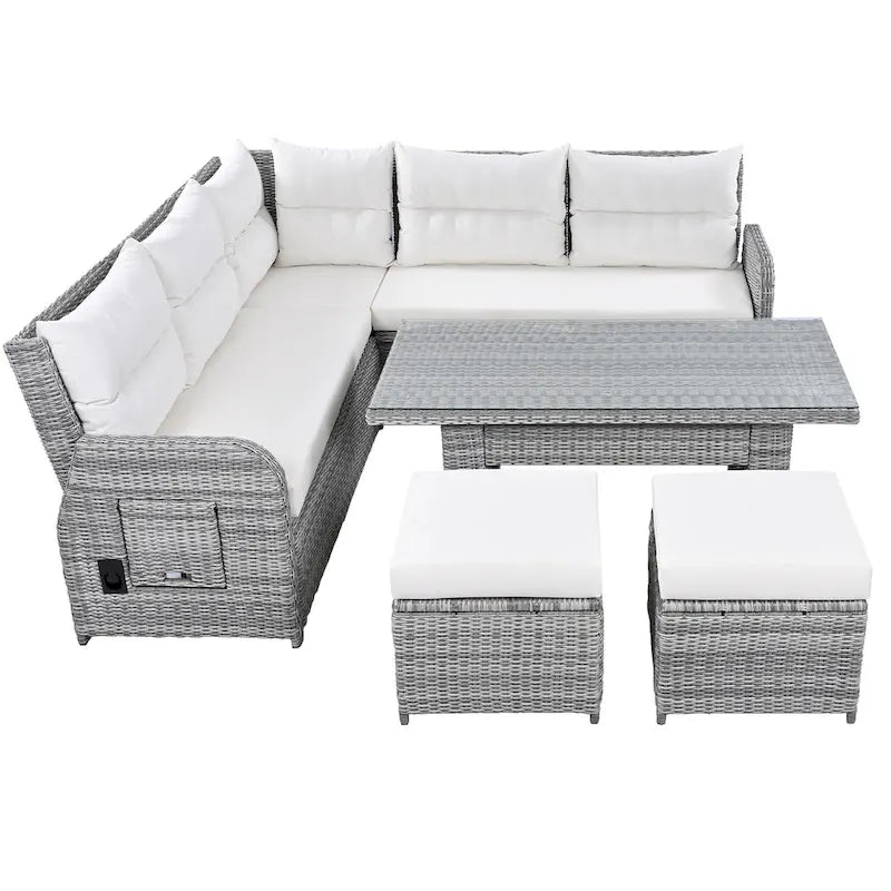 Ensemble de canapé d'angle en rotin pour terrasse avec table à hauteur réglable, 2 fauteuils inclinables et tables d'appoint extensibles.