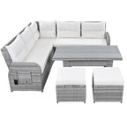 Ensemble de canapé d'angle en rotin pour terrasse avec table à hauteur réglable, 2 fauteuils inclinables et tables d'appoint extensibles.