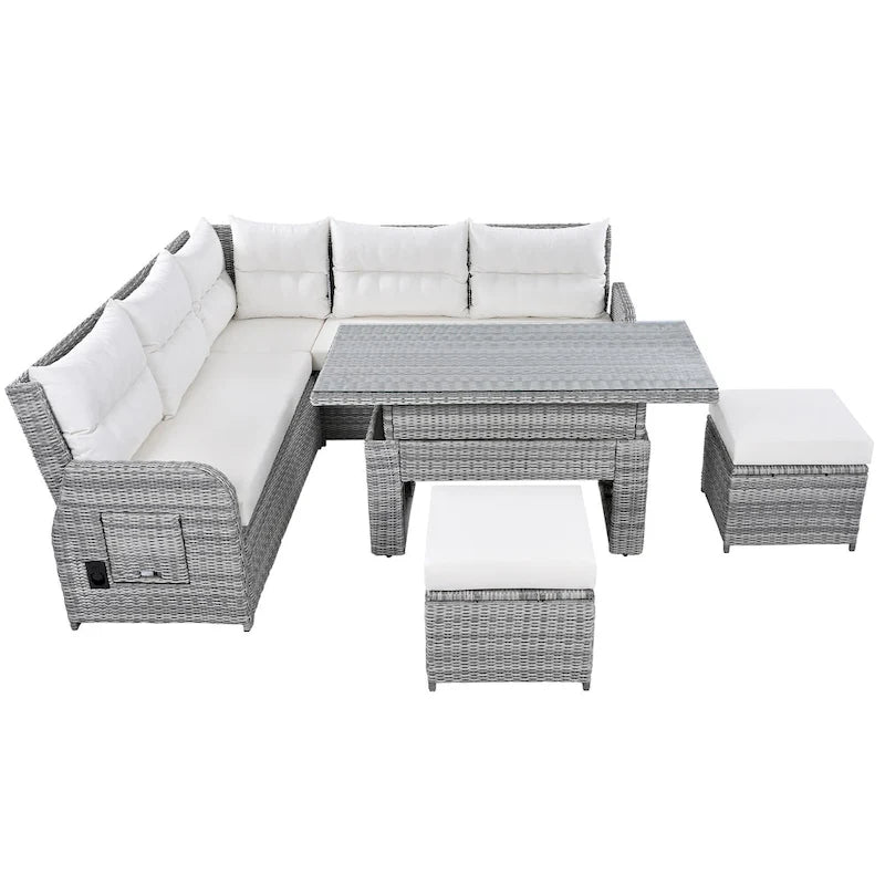 Ensemble de canapé d'angle en rotin pour terrasse avec table à hauteur réglable, 2 fauteuils inclinables et tables d'appoint extensibles.