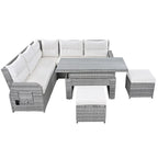 Ensemble de canapé d'angle en rotin pour terrasse avec table à hauteur réglable, 2 fauteuils inclinables et tables d'appoint extensibles.