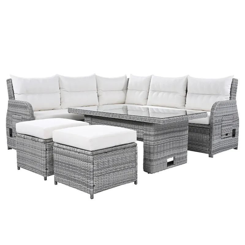 Ensemble de canapé d'angle en rotin pour terrasse avec table à hauteur réglable, 2 fauteuils inclinables et tables d'appoint extensibles.