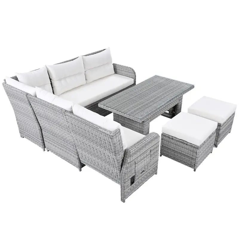 Ensemble de canapé d'angle en rotin pour terrasse avec table à hauteur réglable, 2 fauteuils inclinables et tables d'appoint extensibles.