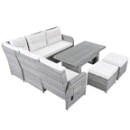 Ensemble de canapé d'angle en rotin pour terrasse avec table à hauteur réglable, 2 fauteuils inclinables et tables d'appoint extensibles.