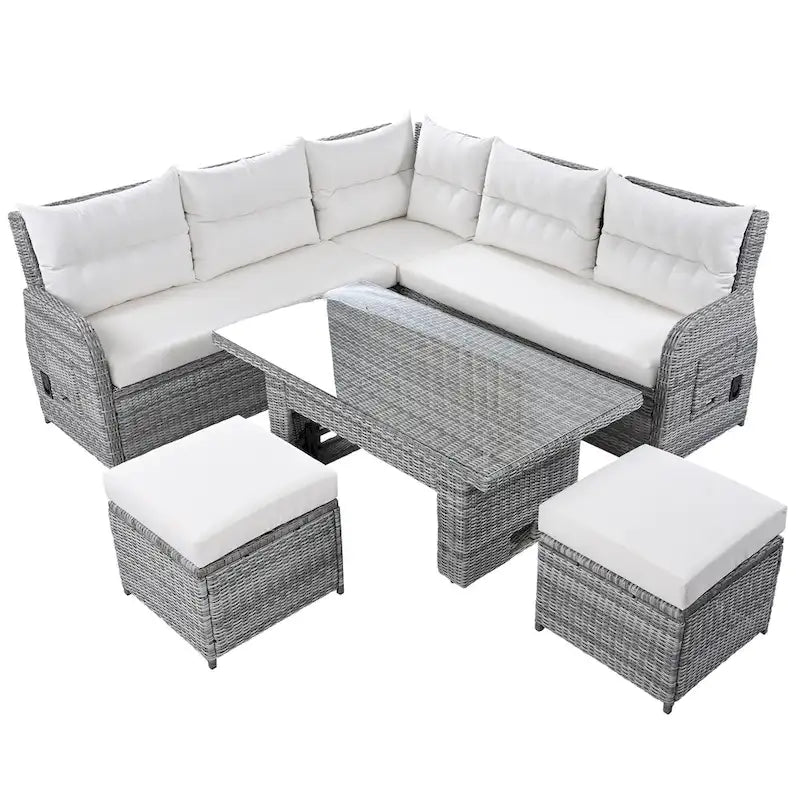 Ensemble de canapé d'angle en rotin pour terrasse avec table à hauteur réglable, 2 fauteuils inclinables et tables d'appoint extensibles.