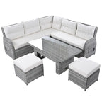 Ensemble de canapé d'angle en rotin pour terrasse avec table à hauteur réglable, 2 fauteuils inclinables et tables d'appoint extensibles.