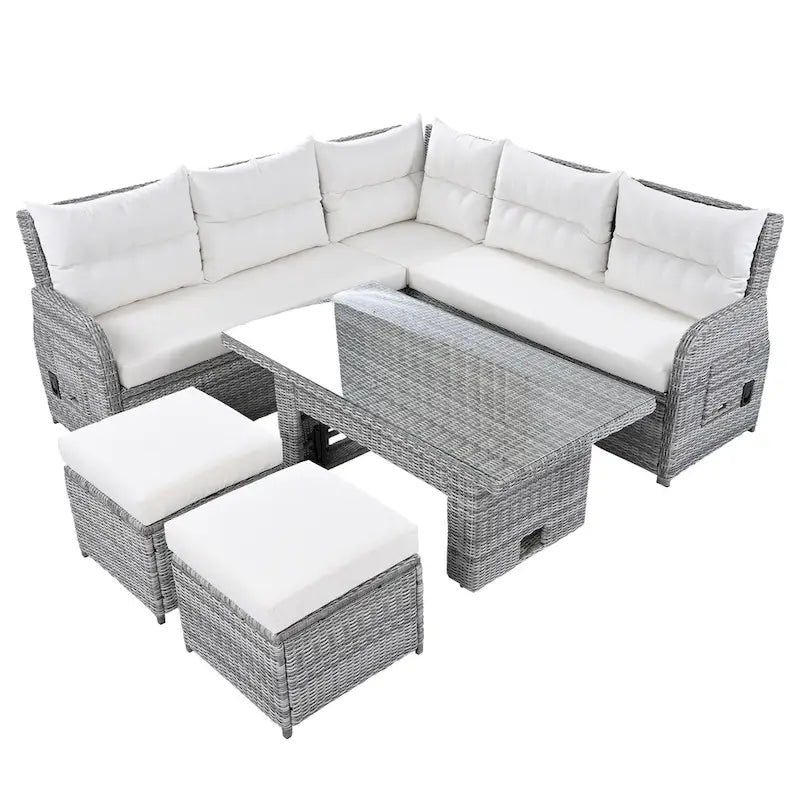 Ensemble de canapé d'angle en rotin pour terrasse avec table à hauteur réglable, 2 fauteuils inclinables et tables d'appoint extensibles.