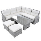Ensemble de canapé d'angle en rotin pour terrasse avec table à hauteur réglable, 2 fauteuils inclinables et tables d'appoint extensibles.
