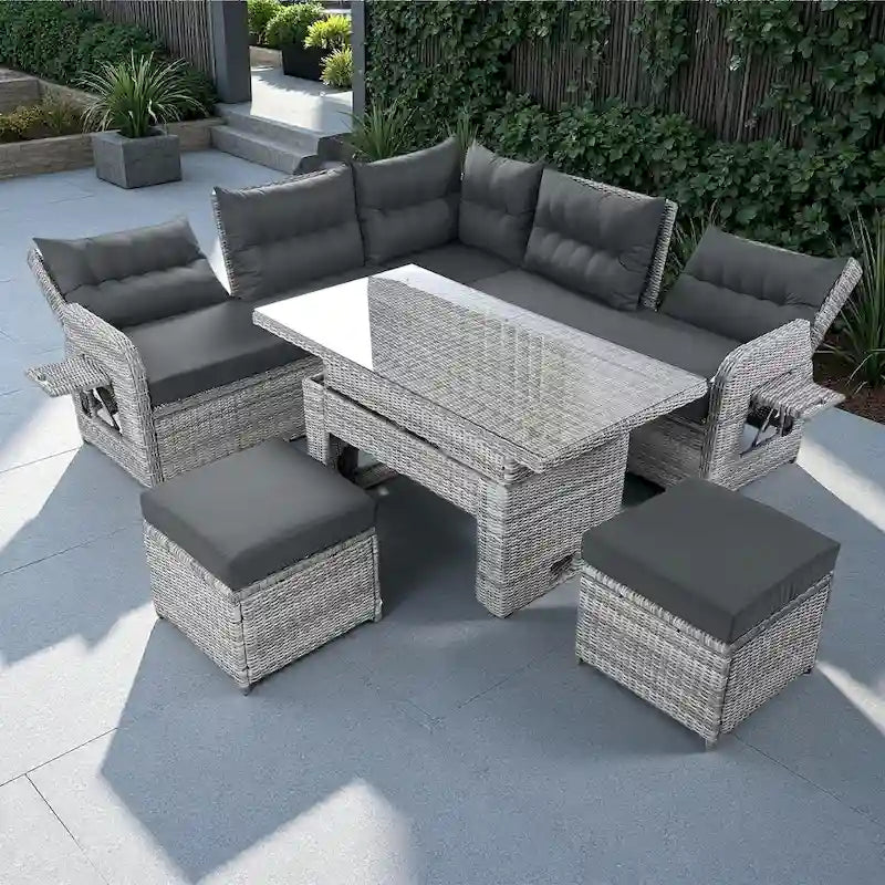 Ensemble de canapé d'angle en rotin pour terrasse avec table à hauteur réglable, 2 fauteuils inclinables et tables d'appoint extensibles.