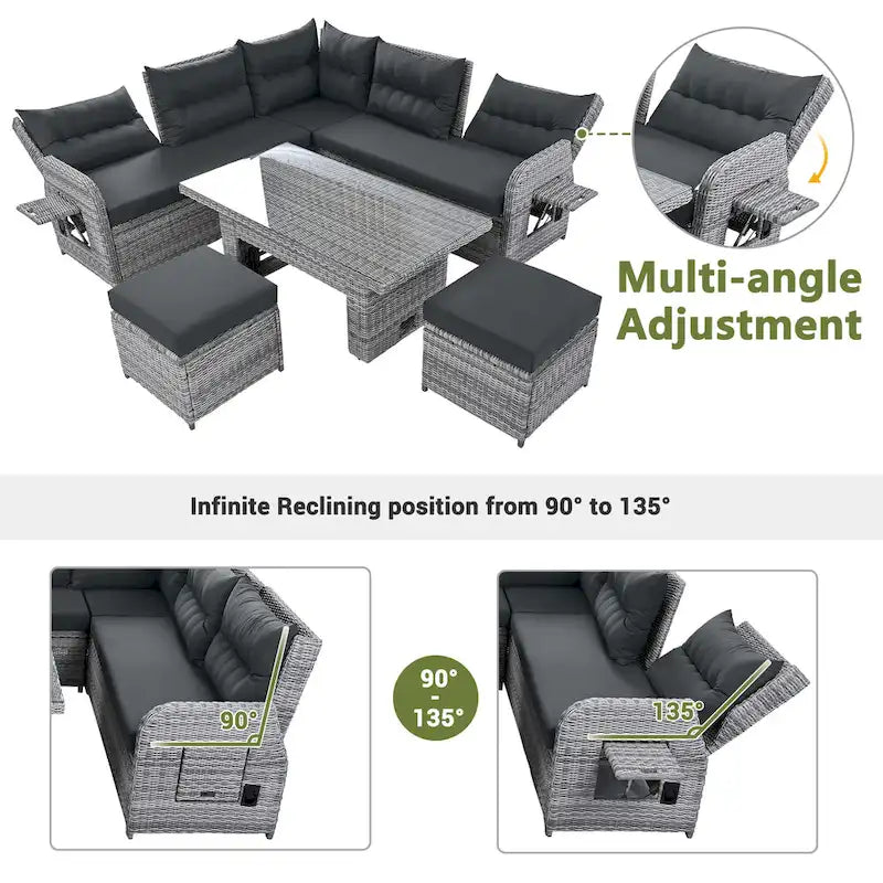 Ensemble de canapé d'angle en rotin pour terrasse avec table à hauteur réglable, 2 fauteuils inclinables et tables d'appoint extensibles.