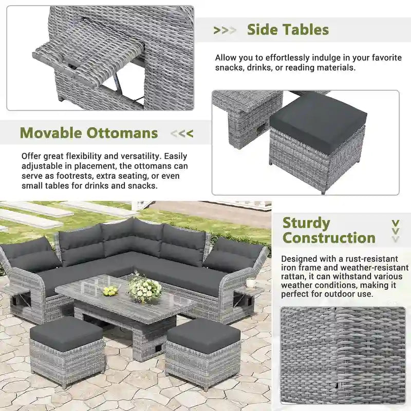 Ensemble de canapé d'angle en rotin pour terrasse avec table à hauteur réglable, 2 fauteuils inclinables et tables d'appoint extensibles.