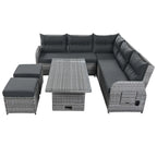 Ensemble de canapé d'angle en rotin pour terrasse avec table à hauteur réglable, 2 fauteuils inclinables et tables d'appoint extensibles.