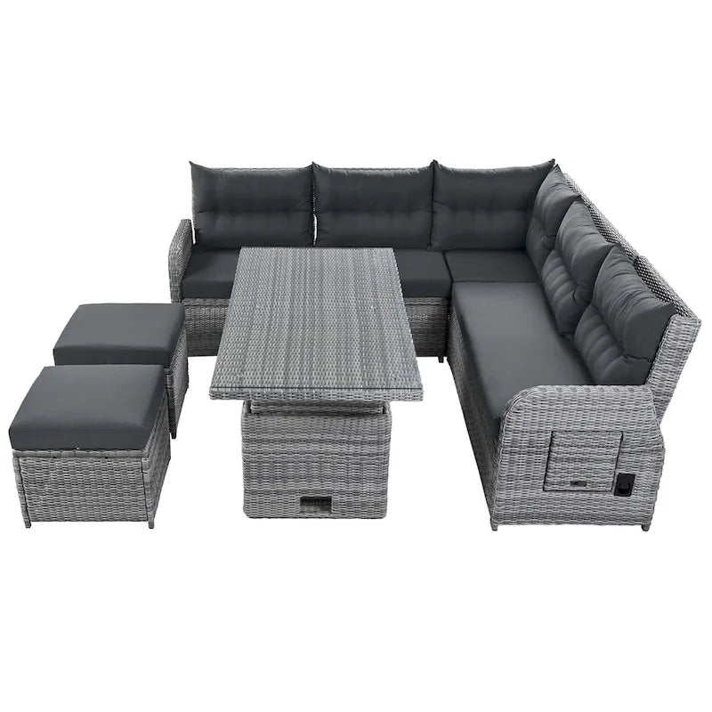 Ensemble de canapé d'angle en rotin pour terrasse avec table à hauteur réglable, 2 fauteuils inclinables et tables d'appoint extensibles.