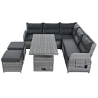 Ensemble de canapé d'angle en rotin pour terrasse avec table à hauteur réglable, 2 fauteuils inclinables et tables d'appoint extensibles.