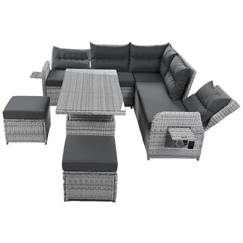 Ensemble de canapé d'angle en rotin pour terrasse avec table à hauteur réglable, 2 fauteuils inclinables et tables d'appoint extensibles.