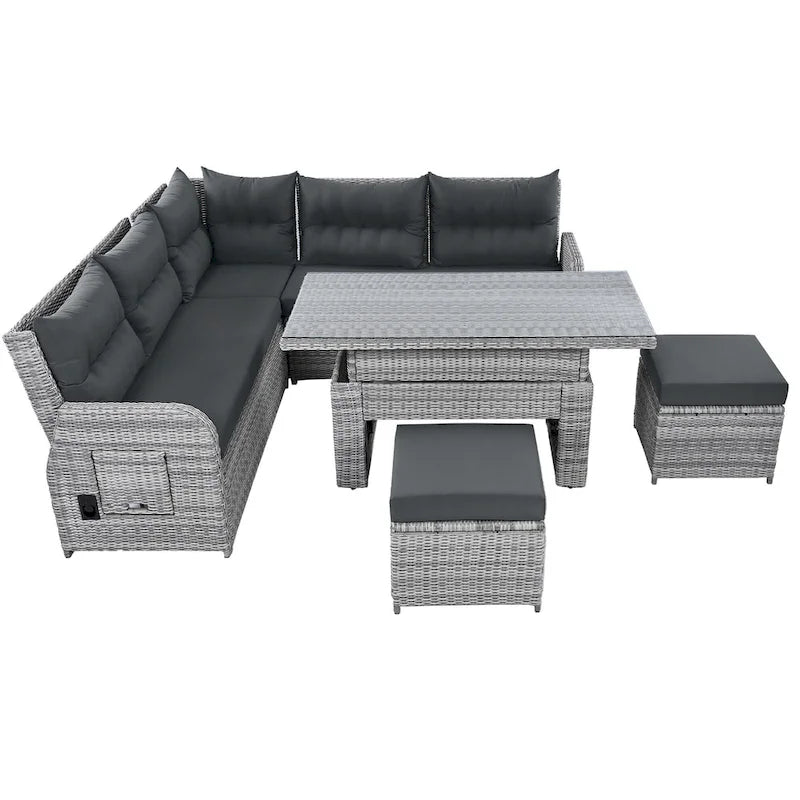 Ensemble de canapé d'angle en rotin pour terrasse avec table à hauteur réglable, 2 fauteuils inclinables et tables d'appoint extensibles.