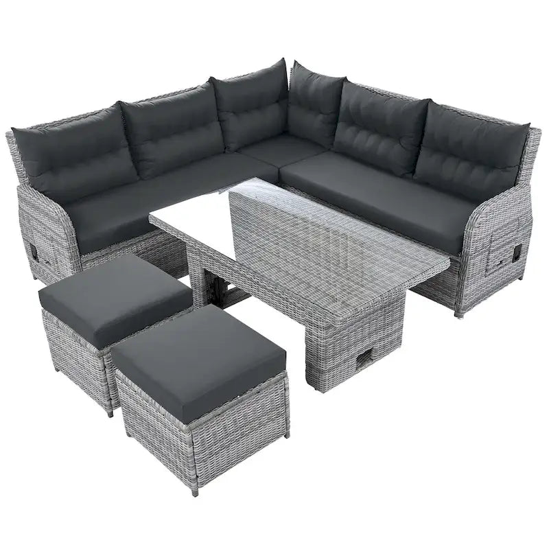 Ensemble de canapé d'angle en rotin pour terrasse avec table à hauteur réglable, 2 fauteuils inclinables et tables d'appoint extensibles.