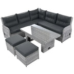 Ensemble de canapé d'angle en rotin pour terrasse avec table à hauteur réglable, 2 fauteuils inclinables et tables d'appoint extensibles.