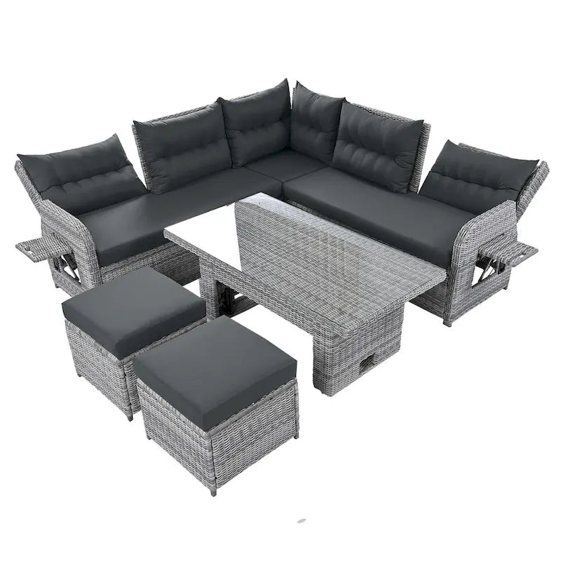 Ensemble de canapé d'angle en rotin pour terrasse avec table à hauteur réglable, 2 fauteuils inclinables et tables d'appoint extensibles.