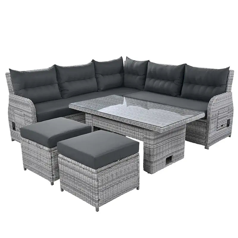 Ensemble de canapé d'angle en rotin pour terrasse avec table à hauteur réglable, 2 fauteuils inclinables et tables d'appoint extensibles.