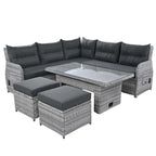 Ensemble de canapé d'angle en rotin pour terrasse avec table à hauteur réglable, 2 fauteuils inclinables et tables d'appoint extensibles.