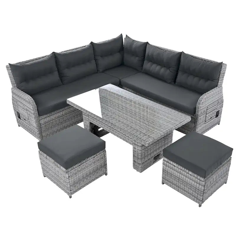 Ensemble de canapé d'angle en rotin pour terrasse avec table à hauteur réglable, 2 fauteuils inclinables et tables d'appoint extensibles.
