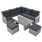 Ensemble de canapé d'angle en rotin pour terrasse avec table à hauteur réglable, 2 fauteuils inclinables et tables d'appoint extensibles.