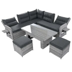 Ensemble de canapé d'angle en rotin pour terrasse avec table à hauteur réglable, 2 fauteuils inclinables et tables d'appoint extensibles.
