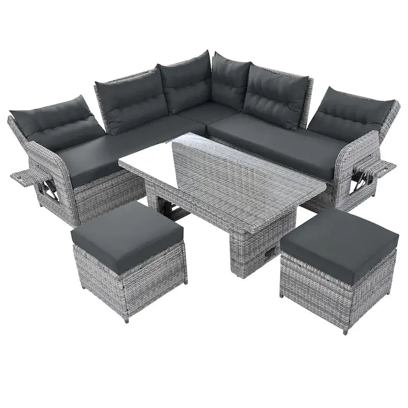 Ensemble de canapé d'angle en rotin pour terrasse avec table à hauteur réglable, 2 fauteuils inclinables et tables d'appoint extensibles.