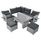 Ensemble de canapé d'angle en rotin pour terrasse avec table à hauteur réglable, 2 fauteuils inclinables et tables d'appoint extensibles.