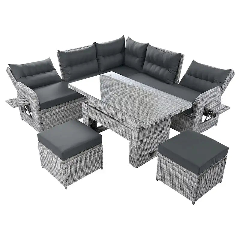 Ensemble de canapé d'angle en rotin pour terrasse avec table à hauteur réglable, 2 fauteuils inclinables et tables d'appoint extensibles.