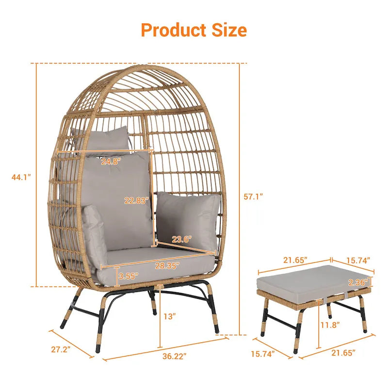 Fauteuil suspendu en rotin surdimensionné avec repose-pieds - Capacité de 272 kg (600 lb) - Coussins épais pour terrasse intérieure/extérieure
