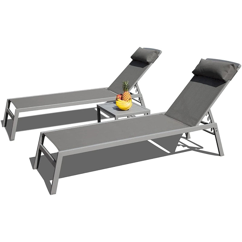 Ensemble de chaises longues de patio, 3 pièces, chaises longues de piscine réglables en aluminium avec appui-tête, 1 table