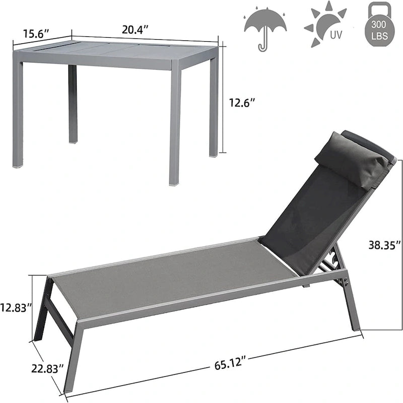 Ensemble de chaises longues de patio, 3 pièces, chaises longues de piscine réglables en aluminium avec appui-tête, 1 table