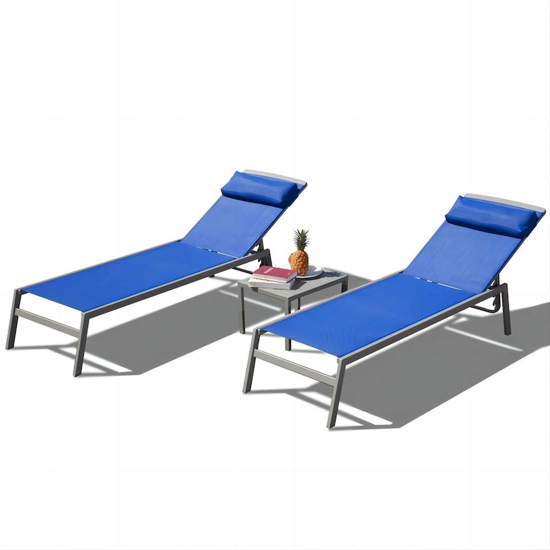 Ensemble de chaises longues de patio, 3 pièces, chaises longues de piscine réglables en aluminium avec appui-tête, 1 table