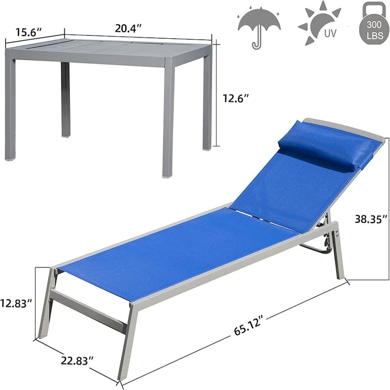 Ensemble de chaises longues de patio, 3 pièces, chaises longues de piscine réglables en aluminium avec appui-tête, 1 table