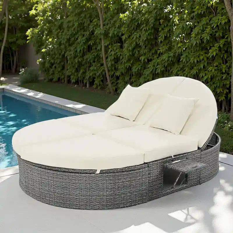 Outdoor Patio Rattan Round Daybed Sunbed with Adjustable Backrests and Foldable Cup Trays