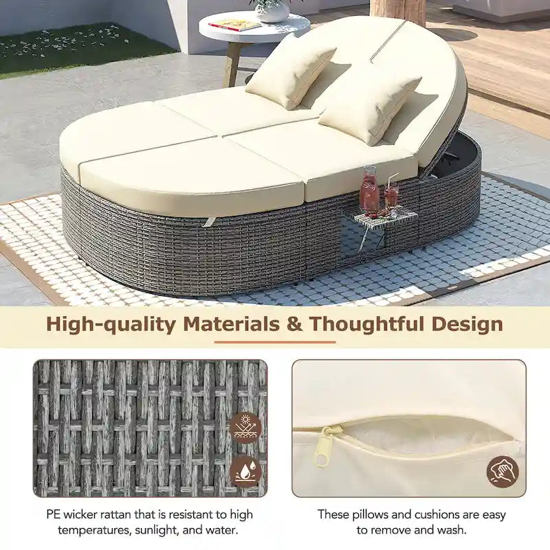 Bain de soleil rond en rotin pour terrasse extérieure avec dossiers réglables et porte-gobelets pliables
