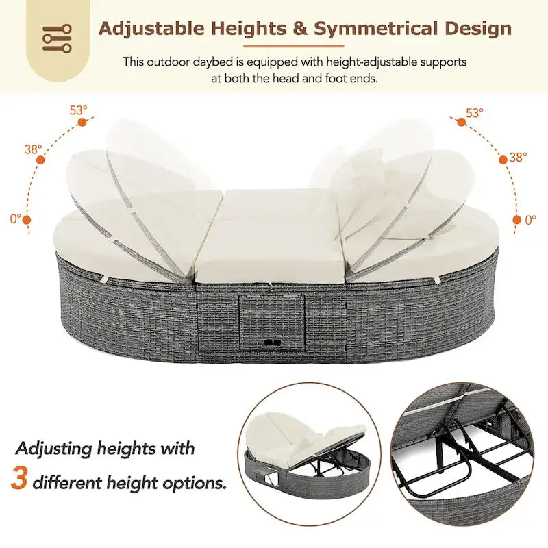 Bain de soleil rond en rotin pour terrasse extérieure avec dossiers réglables et porte-gobelets pliables