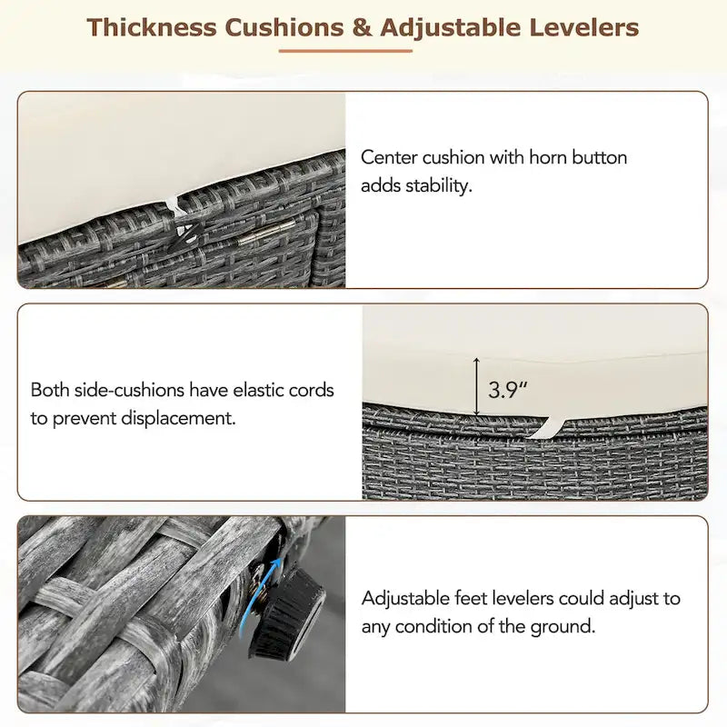 Bain de soleil rond en rotin pour terrasse extérieure avec dossiers réglables et porte-gobelets pliables