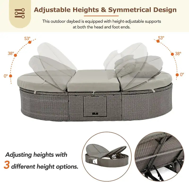 Bain de soleil rond en rotin pour terrasse extérieure avec dossiers réglables et porte-gobelets pliables