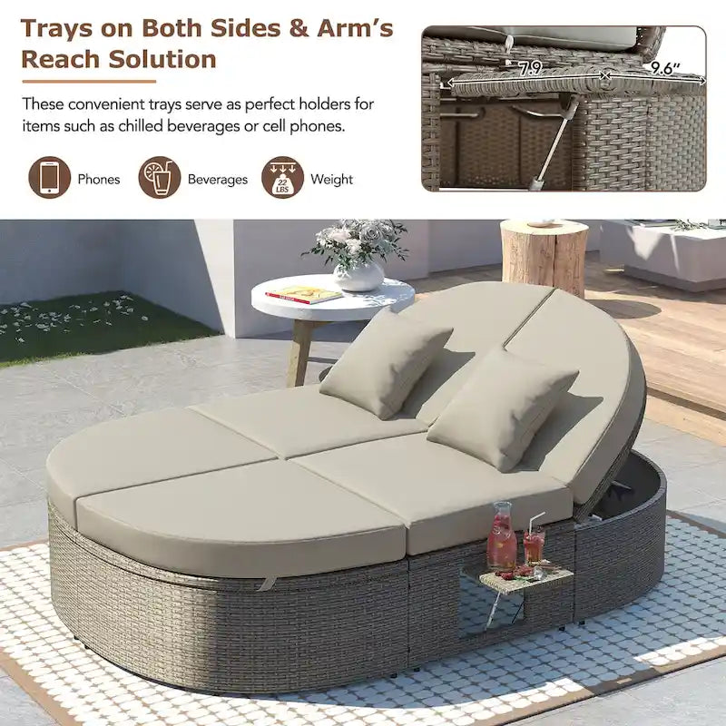 Bain de soleil rond en rotin pour terrasse extérieure avec dossiers réglables et porte-gobelets pliables