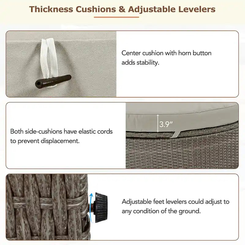 Bain de soleil rond en rotin pour terrasse extérieure avec dossiers réglables et porte-gobelets pliables