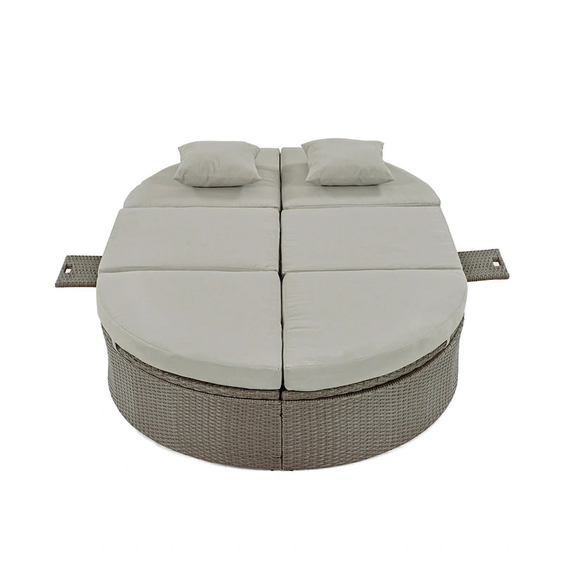 Bain de soleil rond en rotin pour terrasse extérieure avec dossiers réglables et porte-gobelets pliables