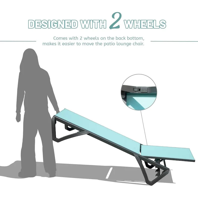 Chaise longue d'extérieur, 2 pièces, chaise longue de patio en aluminium et plastique avec dossier réglable sur 5 positions et roulettes