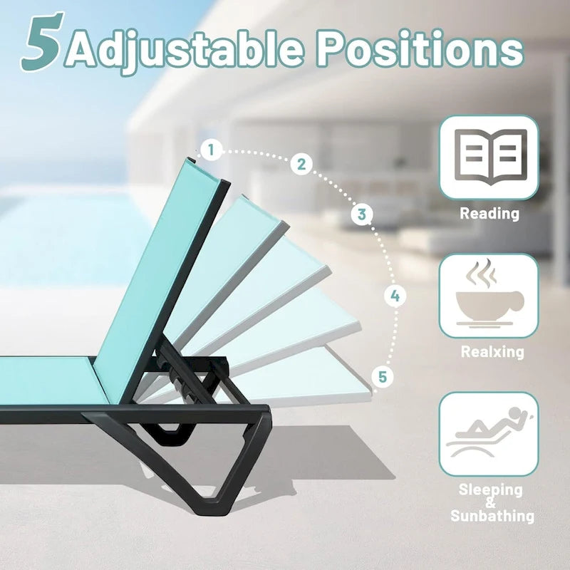 Chaise longue d'extérieur, 2 pièces, chaise longue de patio en aluminium et plastique avec dossier réglable sur 5 positions et roulettes